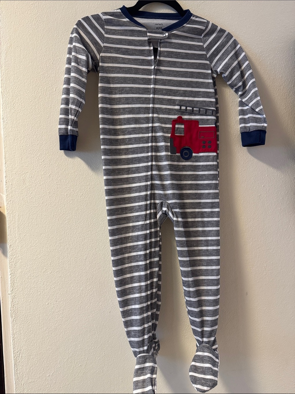 Carter's Gray & White Striped Footed One-Piece with Red Fire Truck Applique